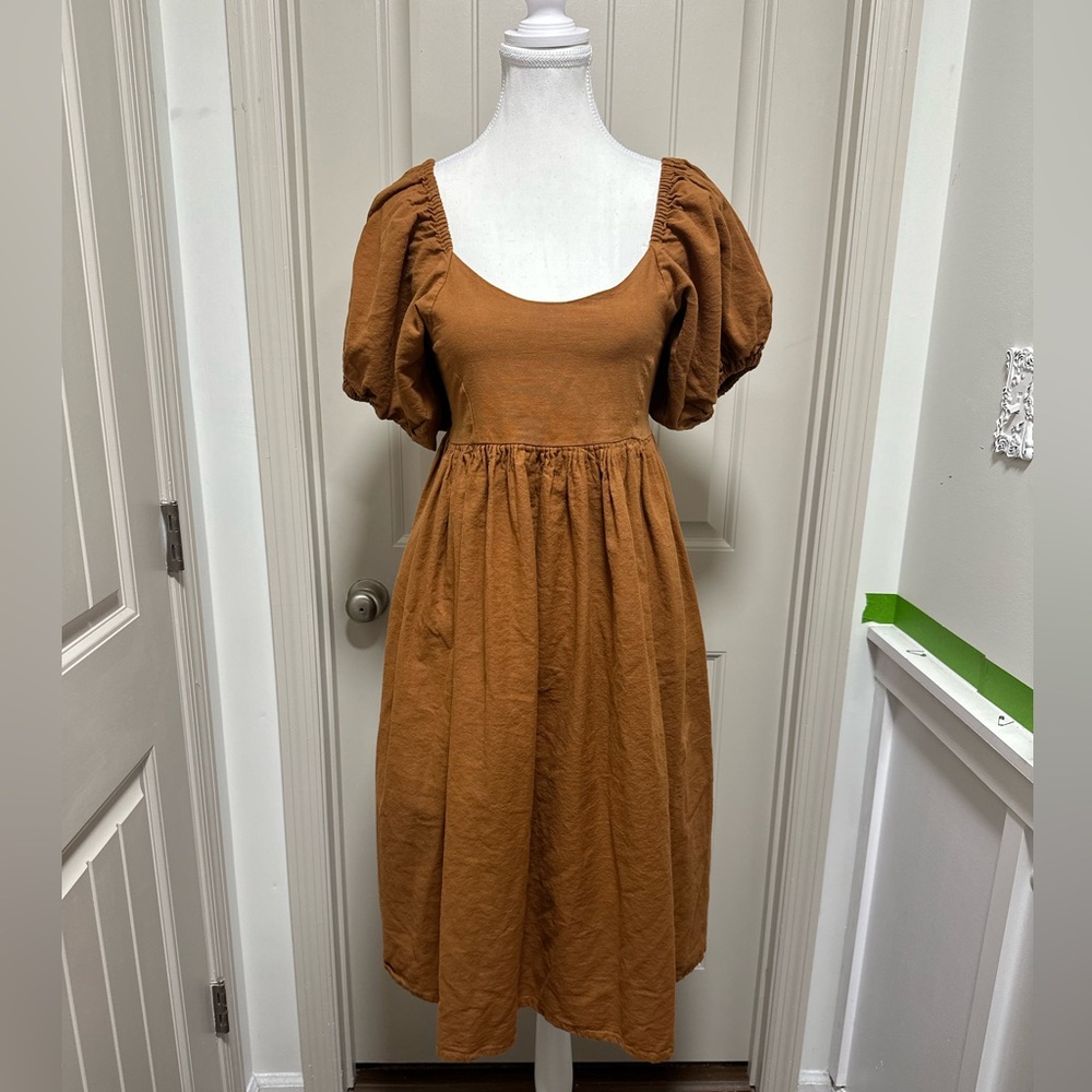 ELF 100% linen Brown Puff Sleeve Midi Dress